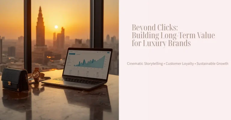 Performance marketing for luxury brands in Chennai – Adzpresso blog visual showing ROI analytics dashboard, luxury watch, handbag, and Chennai skyline at sunset.